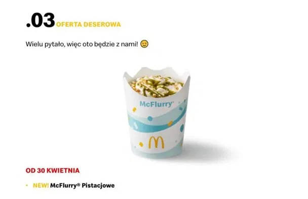 Nowe McFlurry pistacjowe McDonald's w przezroczystym kubku z zielonym sosem pistacjowym i kawałkami orzechów